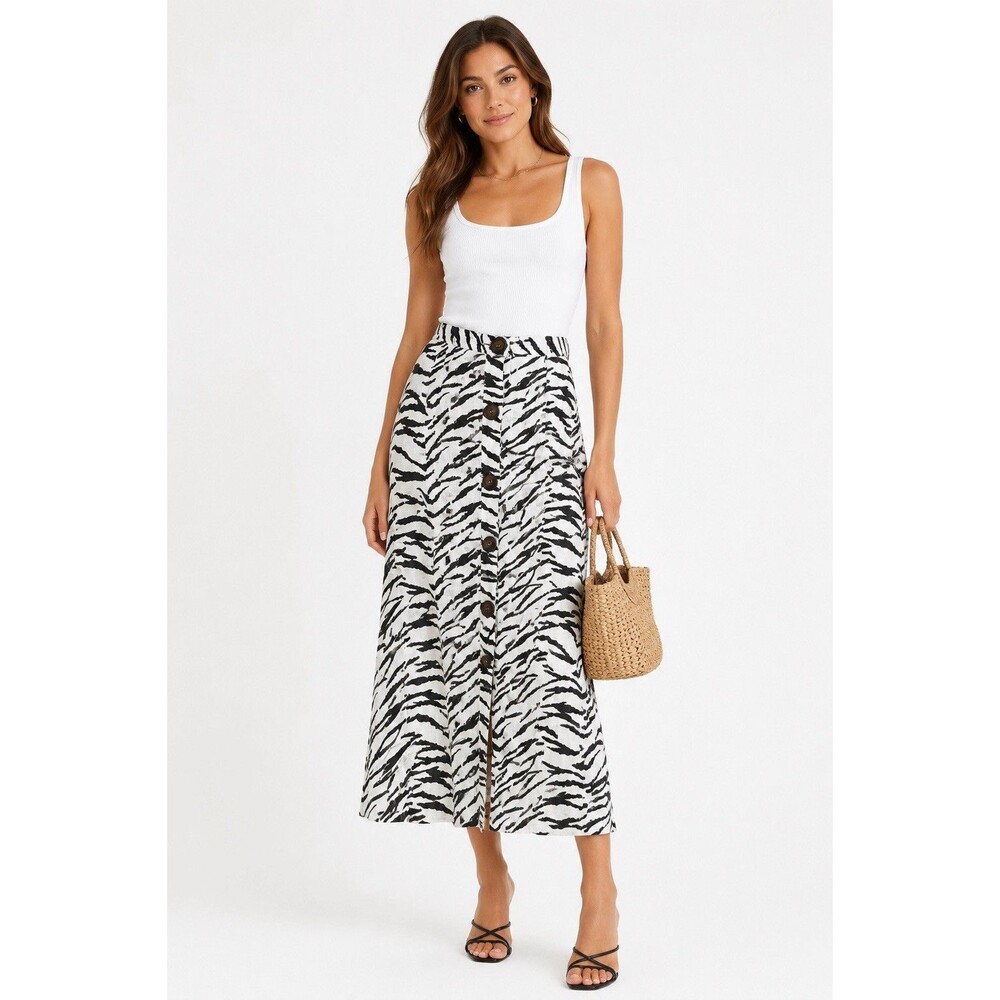 Reformation Highland Midi Skirt Jayne Zebra Print Linen Button Front  0 Coastal